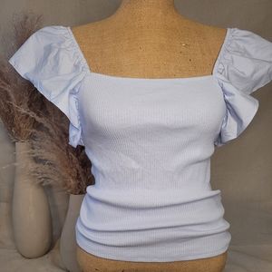 A NEW Day Pale Blue Knit Top With Delicate Flutter Sleeves SIZE m